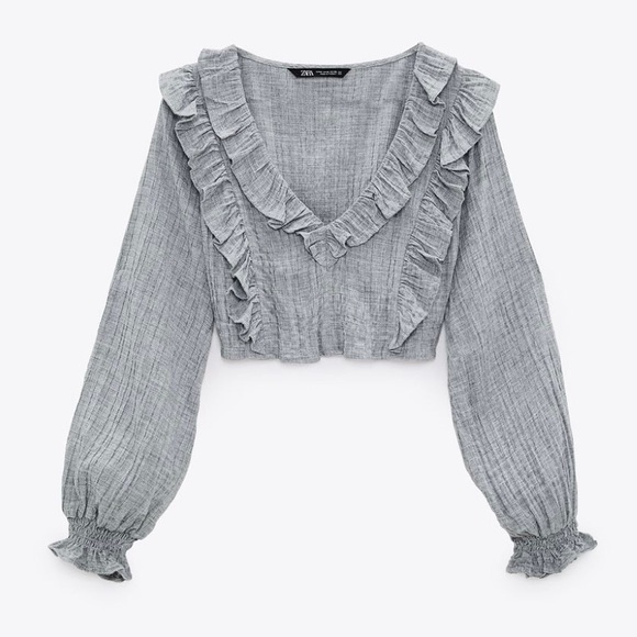 NWT Zara Cropped Ruffled Gray Top Size M - Picture 4 of 13